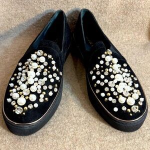 STUART WEITZMAN Sz 8 Pearl and Rhinestone Embellished Slip On Black Loafers
